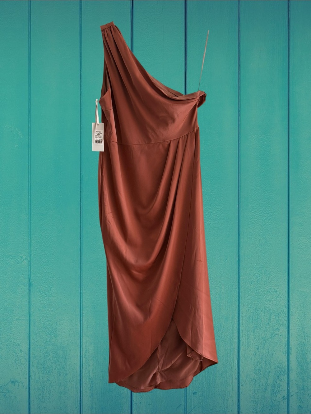 Showpo One-Shoulder Draped Midi Dress in Rust sz. 10